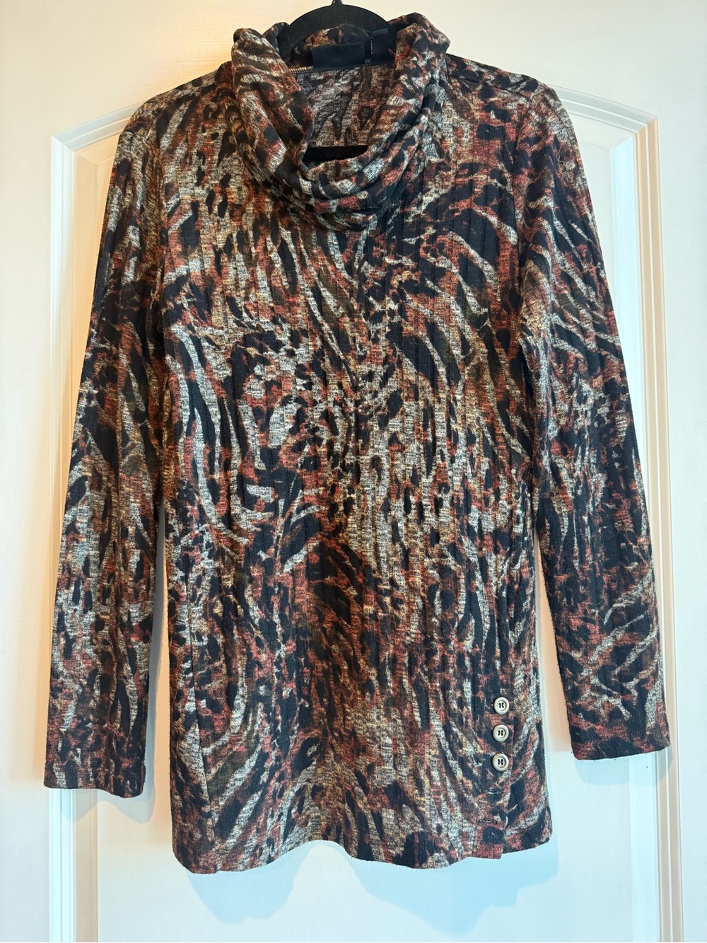 Cowl Neck Animal Print Women's Tunic Sweater - Black & Brown